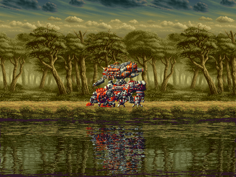 Mech reflected in water