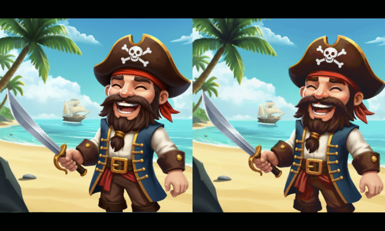 A jolly pirate on a tropical beach, presented in original color and a reduced palette with error diffusion dithering