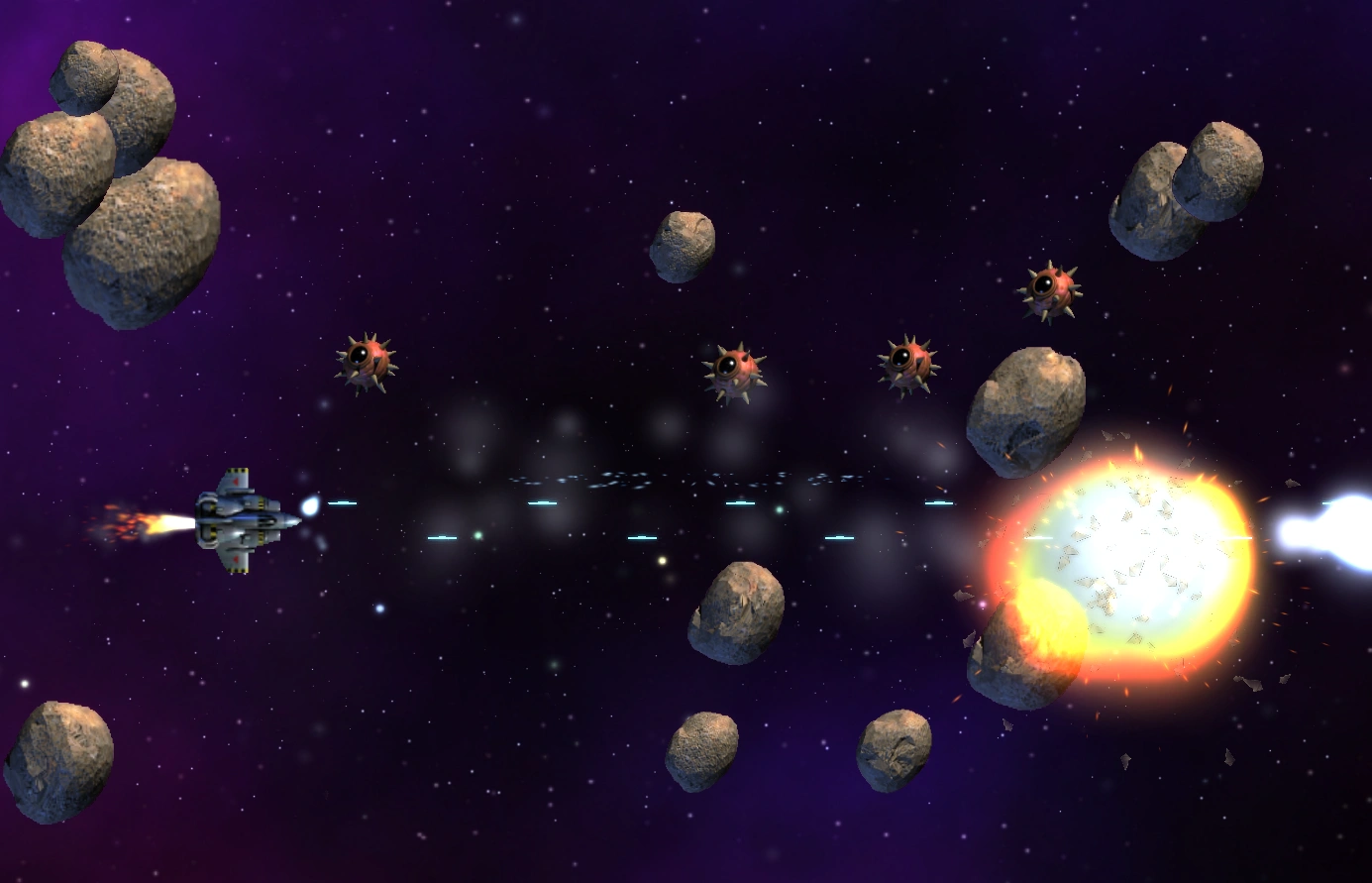 A shmup with thruster flame, bullet streams and an explosion mid-frame