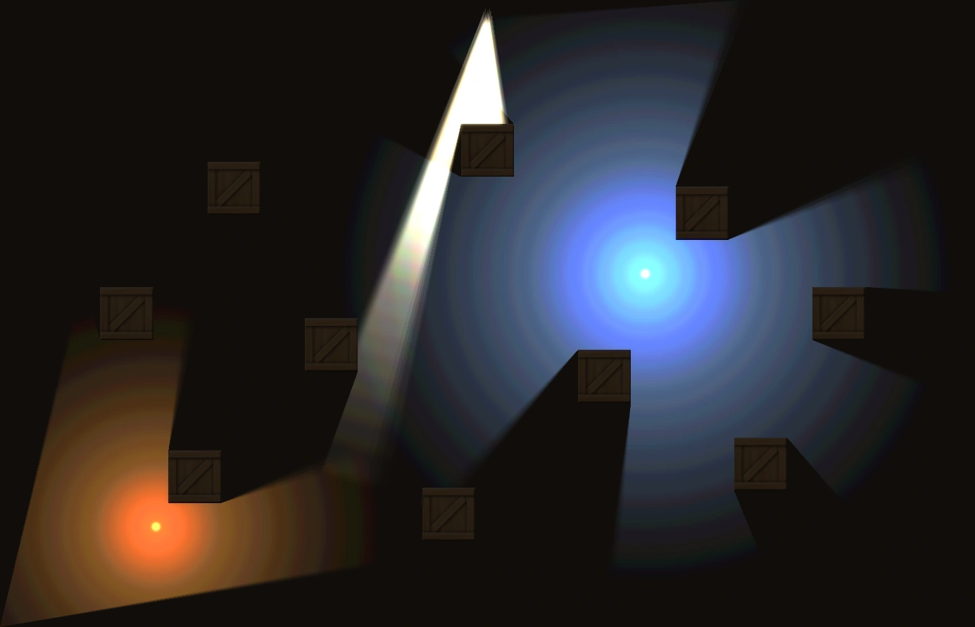 Coloured lights casting soft shadows off crates, with searchlight cones