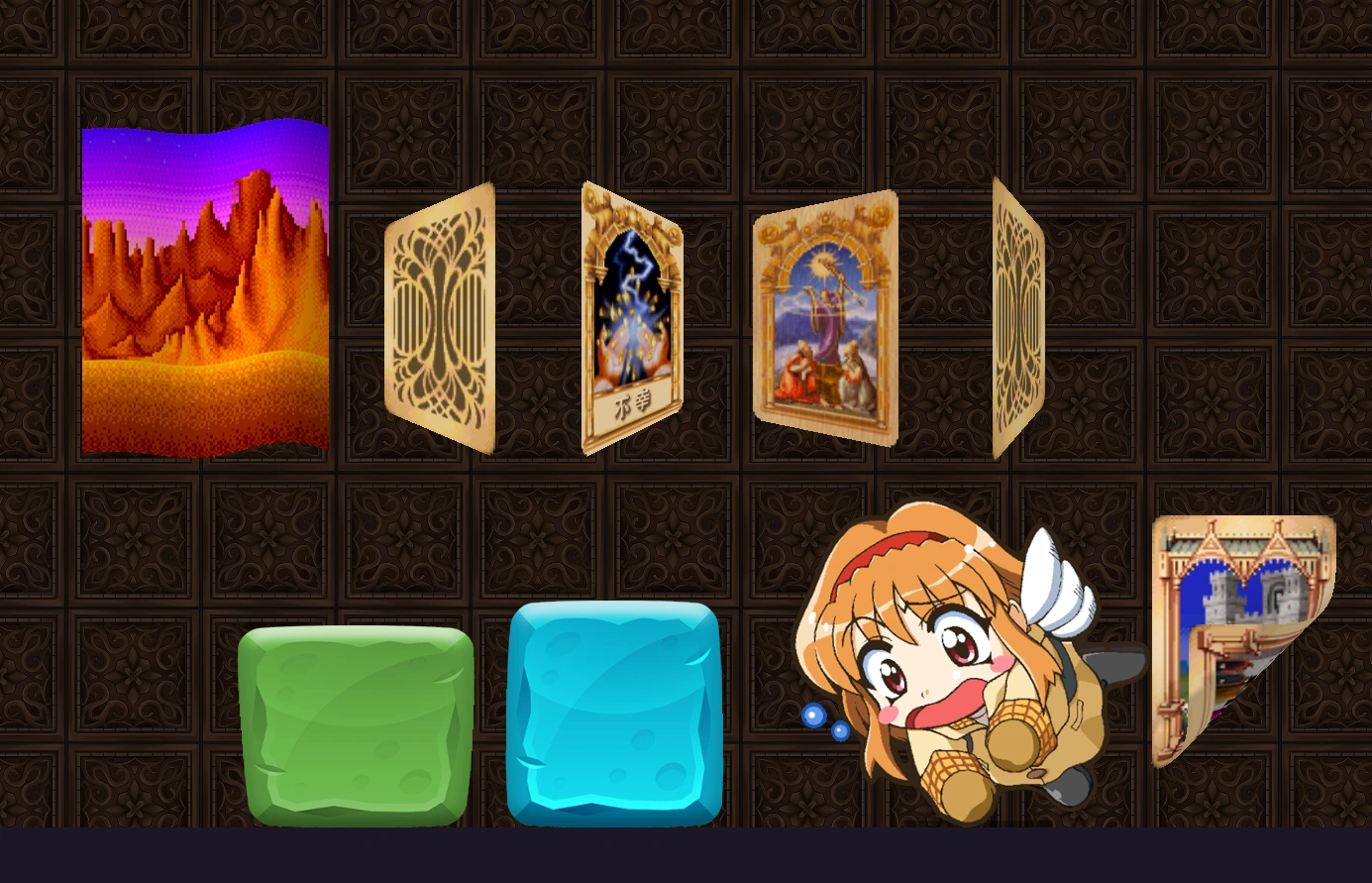 A rippling tapestry, cards mid-flip, wobbling jelly blocks and a swaying standee