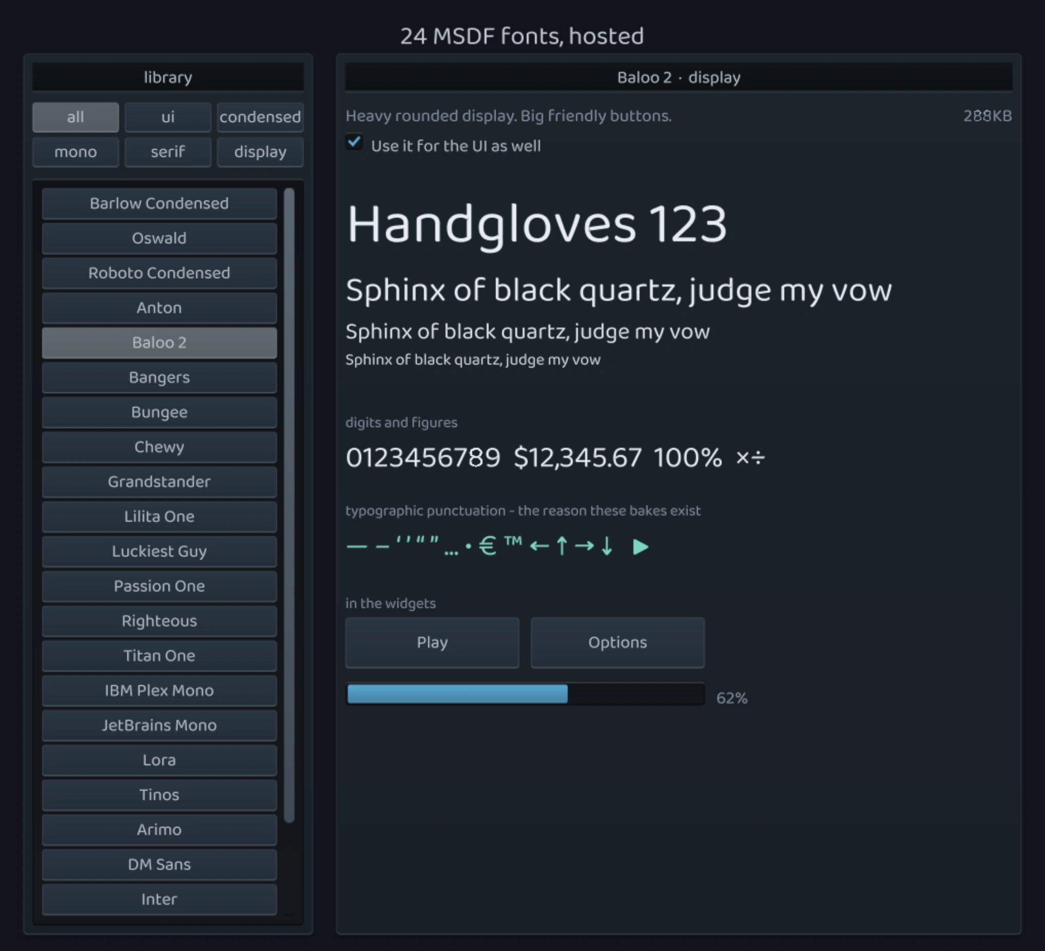24 hosted MSDF fonts, loaded on demand, re-skinning the whole UI