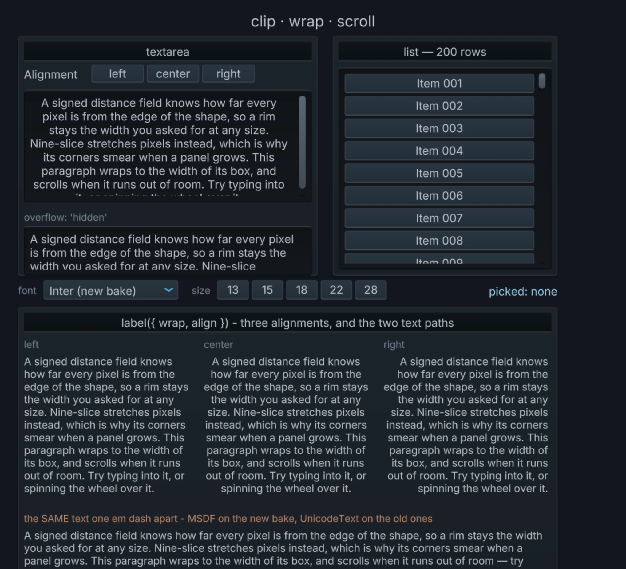 Wrapping text, clipped scroll regions, alignment, and a select dropdown