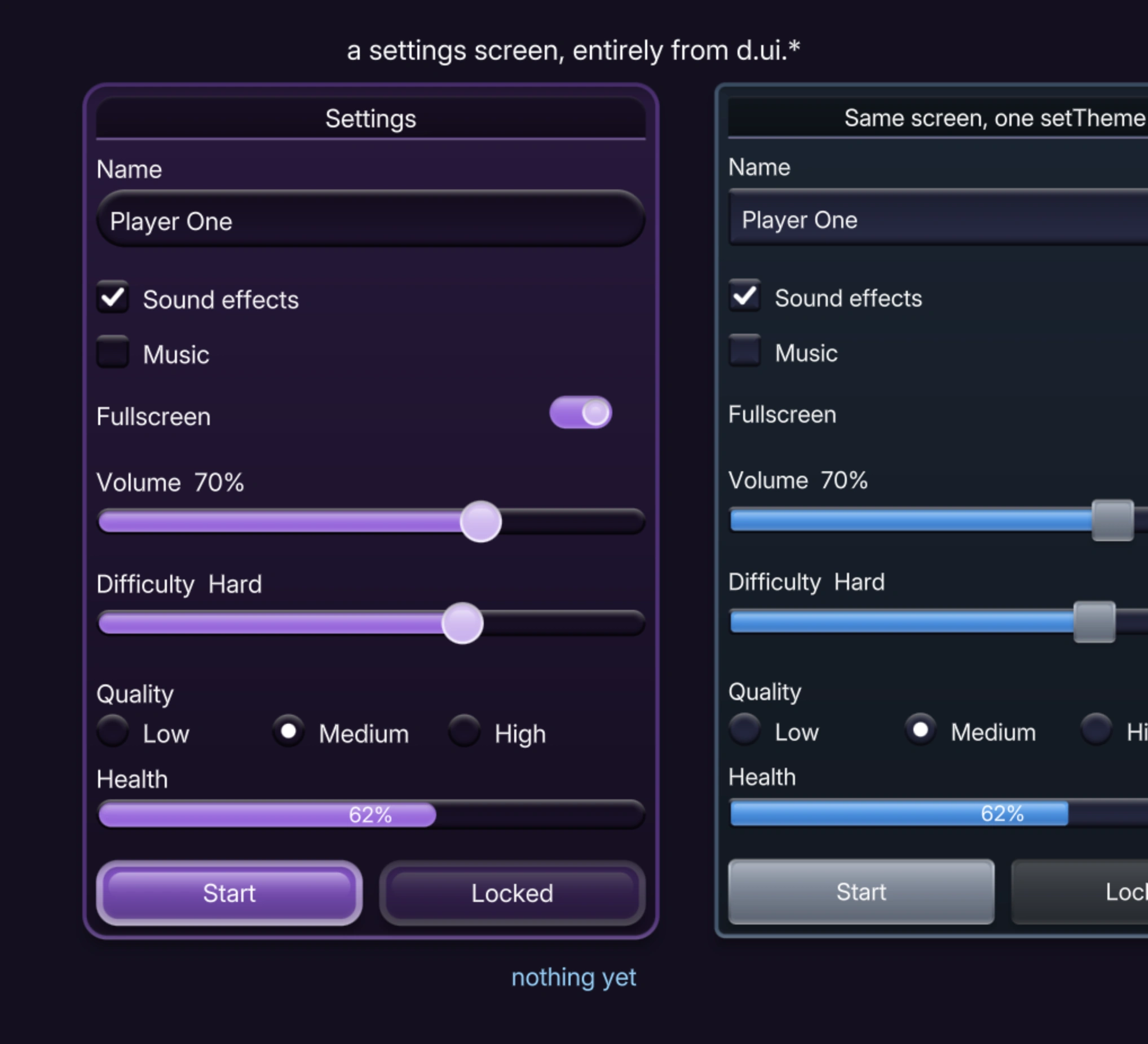 A settings screen built from d.ui.*, and the same screen again one setTheme() apart