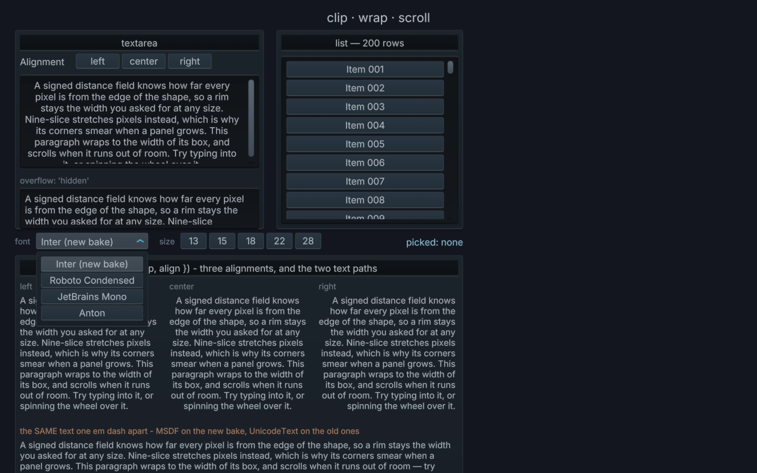 A font dropdown open over a panel, its options fully covering the text beneath