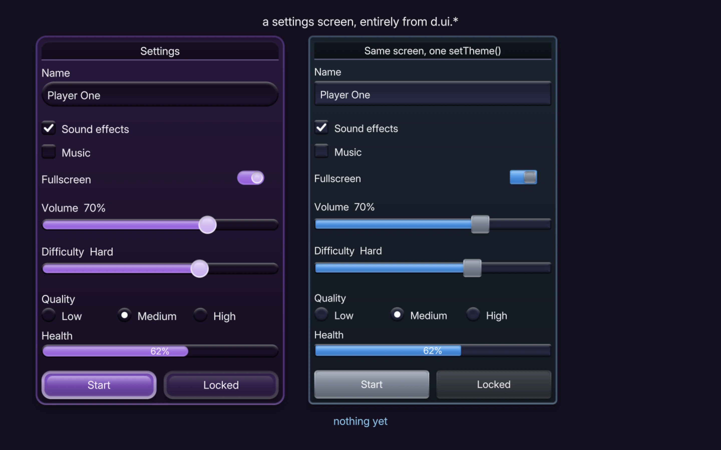 A settings screen: name field, checkboxes, toggle, sliders, radio buttons, progress bar and buttons