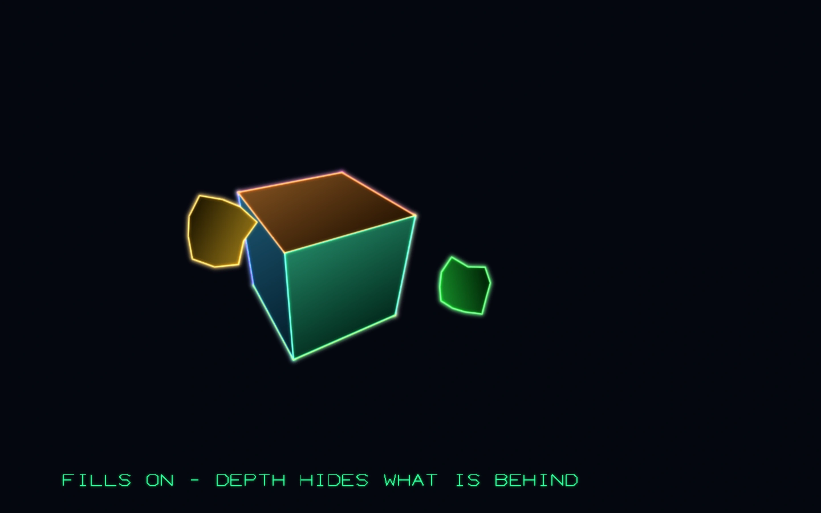 Filled faces ordered by depth, a cube hiding the rock behind it