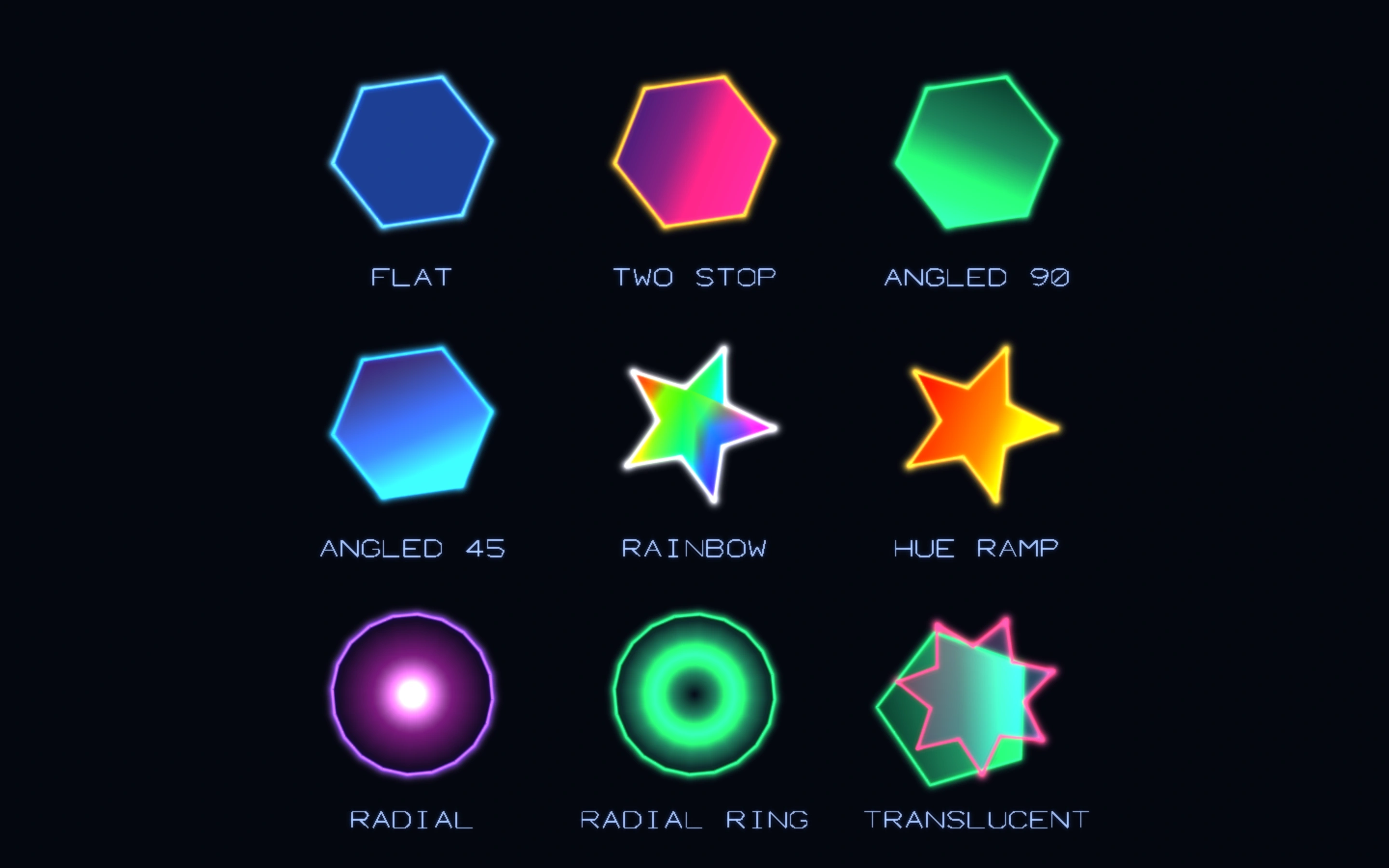 Nine fill styles: flat, two-stop, angled, radial, ring, rainbow, hue ramp and translucent