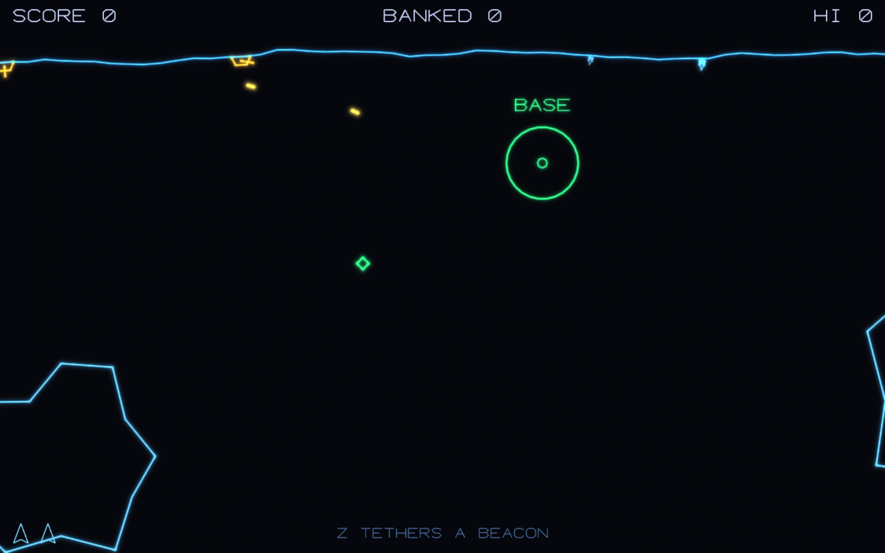 Gravitar: cave terrain, gravity wells, a tethered ship and a base