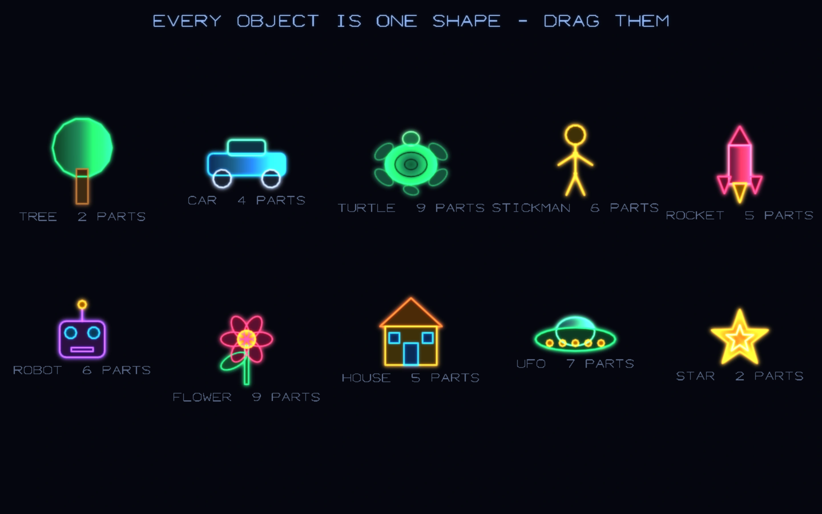 Ten objects built from parts: a turtle, a car, a robot, a flower, a UFO