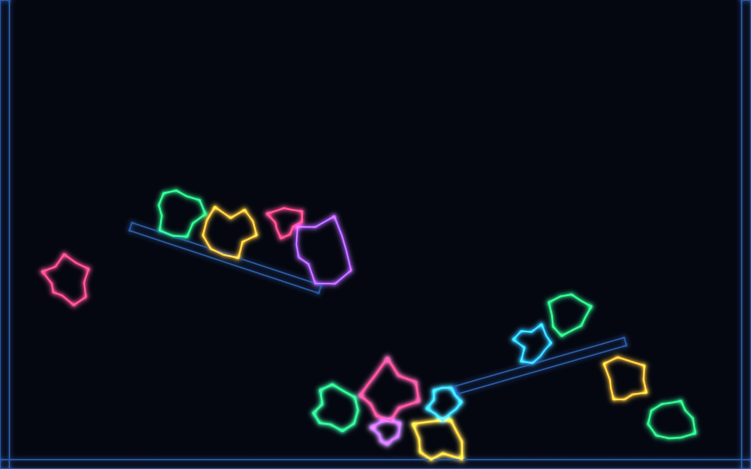 Vector outlines tumbling down ramps under Box2D physics
