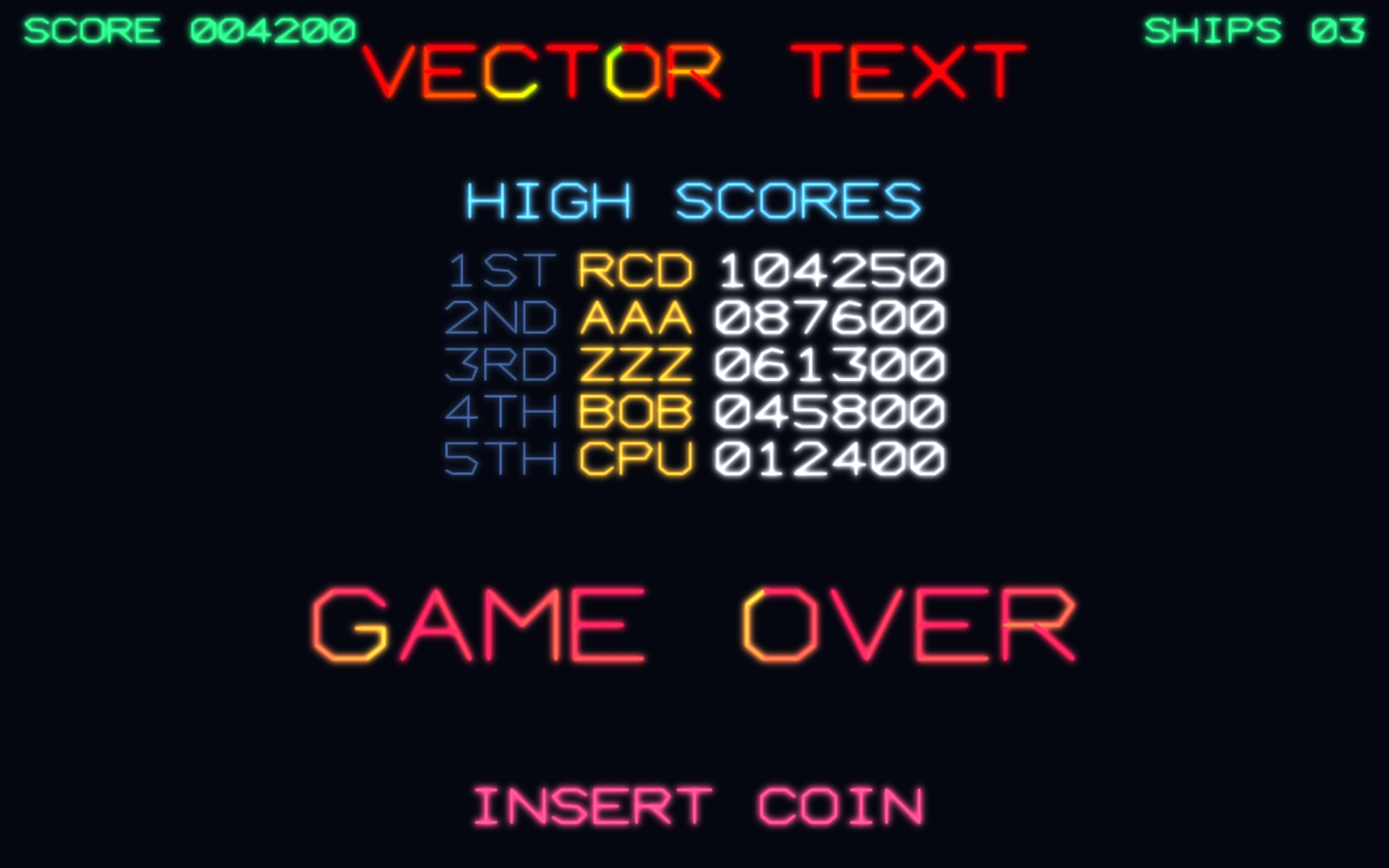 A vector arcade attract screen: score, high score table, GAME OVER, INSERT COIN