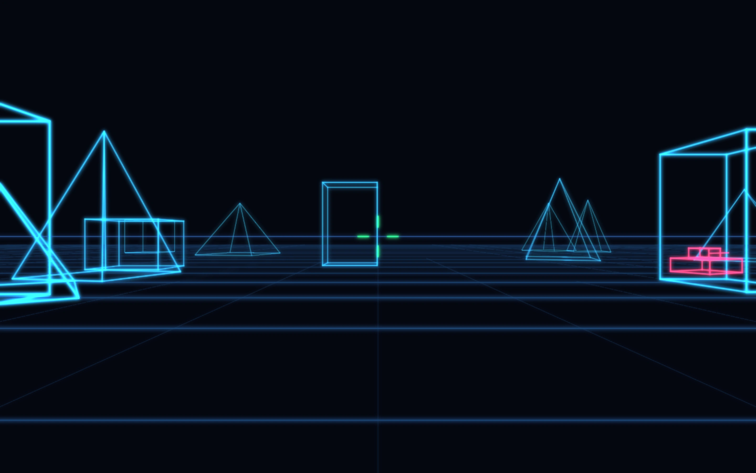 A first-person wireframe view: horizon, ground grid, pyramids and blocks in perspective