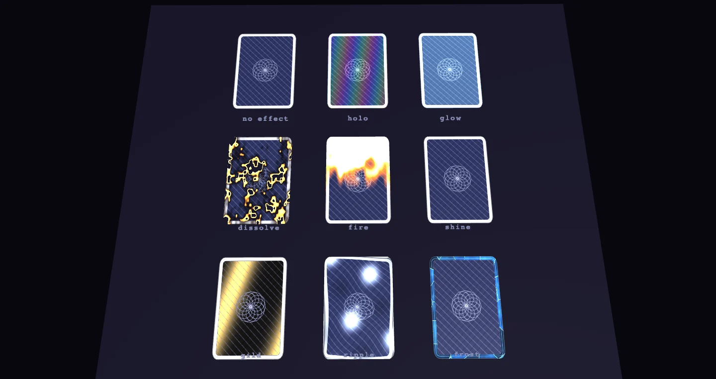 The eight surface effects side by side on card backs, beside a plain card