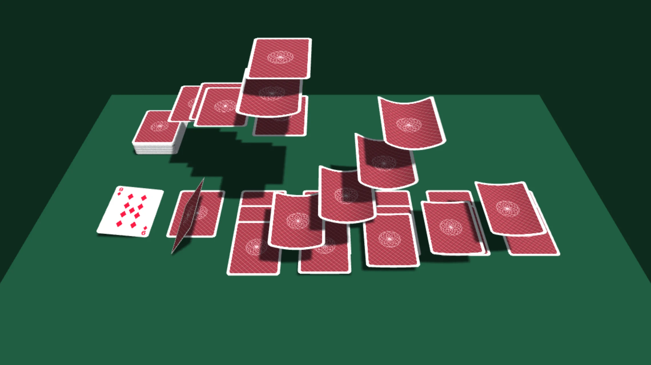 Cards curling through the air mid-deal, casting their shadows on the felt