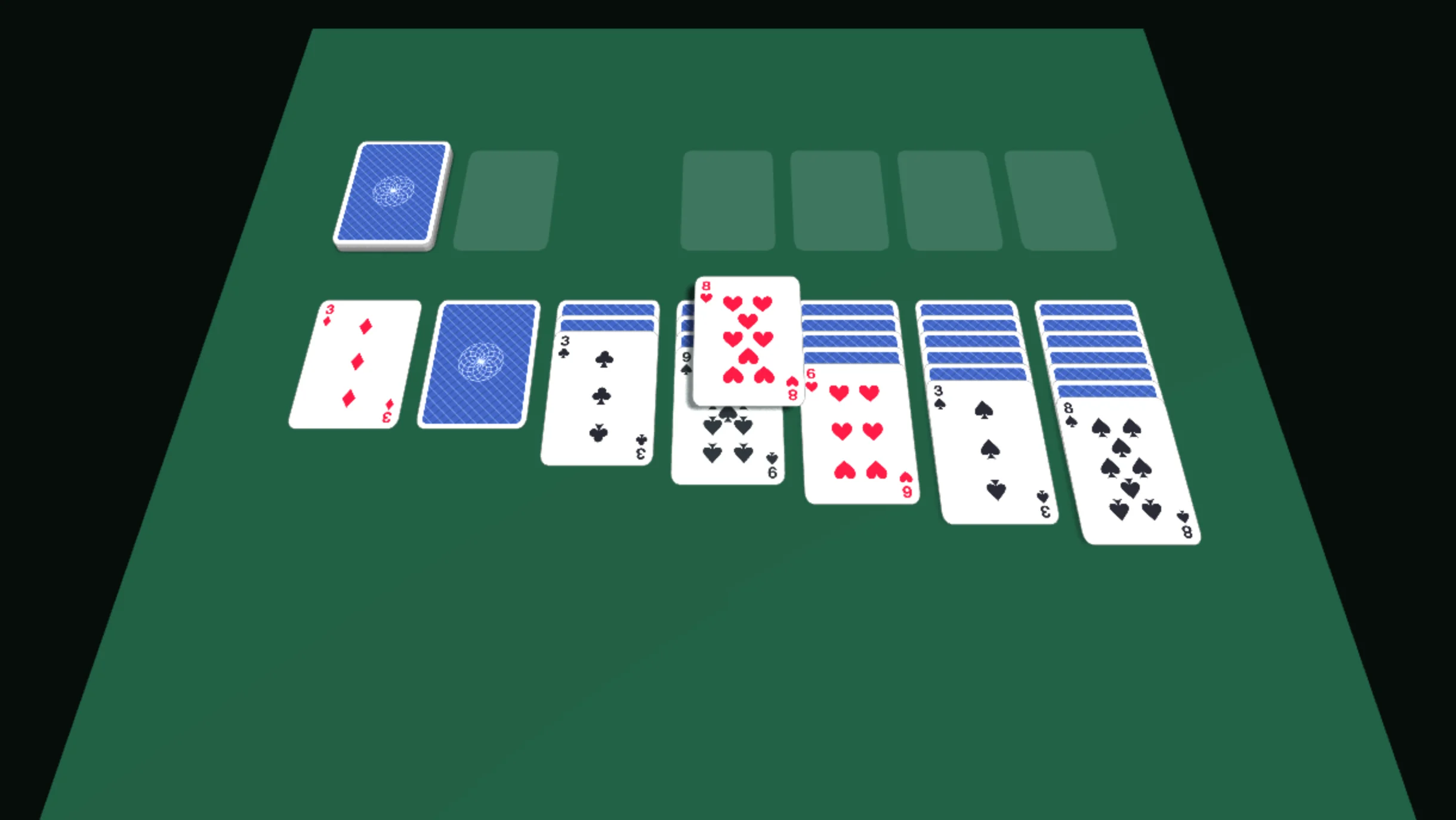 A game of Klondike in 3D, with the eight of hearts lifted over the nine of spades